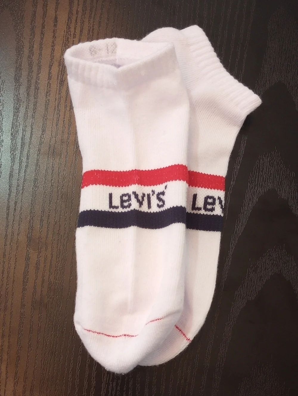 Levi's White Low-Cut Athletic Socks with Red & Navy Stripe Accents